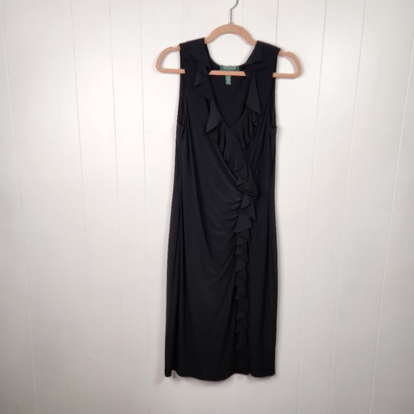 Ralph Lauren Black Dress Ruffles Sleeveless Stretchy Bodycon V-Neck Size 8 - Picture 1 of 10